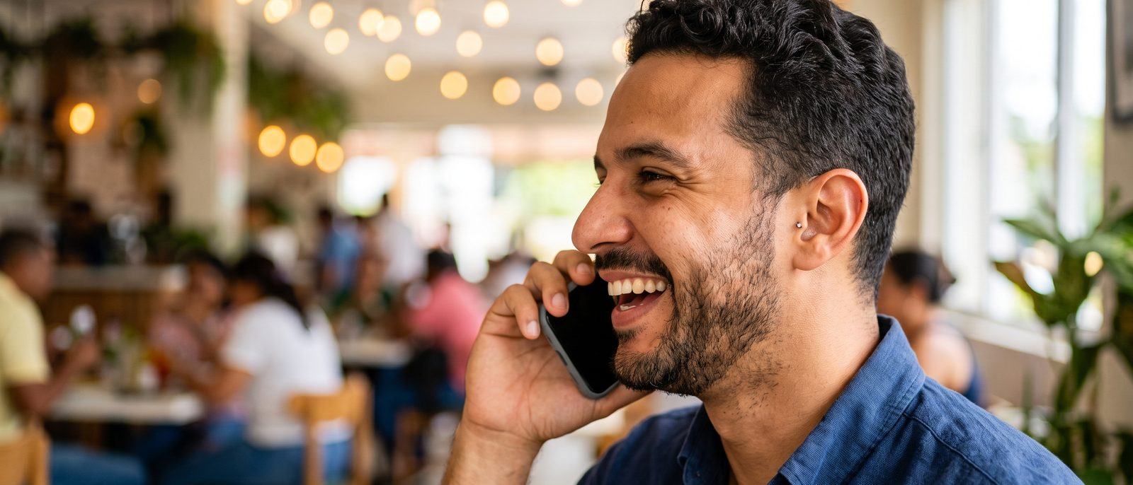 Persona sonriendo mientras conversa por teléfono en una cafetería